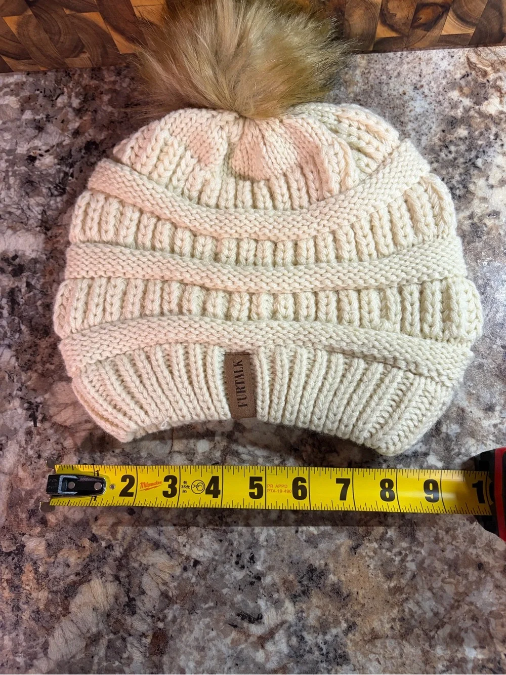 Cream Knit Pom Beanie with Faux Fur Top